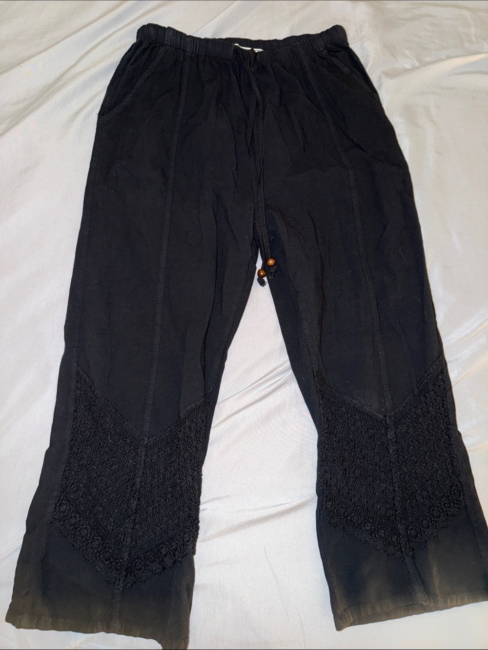 Black Drawstring Crochet Panel Pants